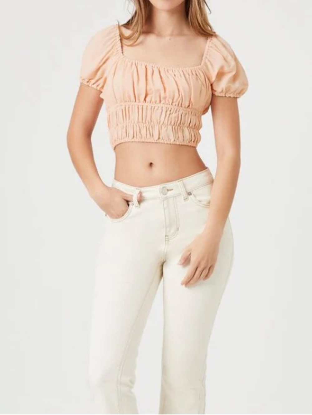 CREAM SHIRRED SMOCK PUFF  SLEEVES CHIFFON ROMANTIC CROP  TOP